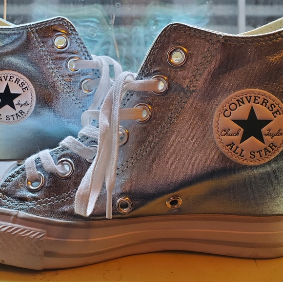 Converse ice-blue metallic hi-top wedge sneakers size 6 - Picture 1 of 4